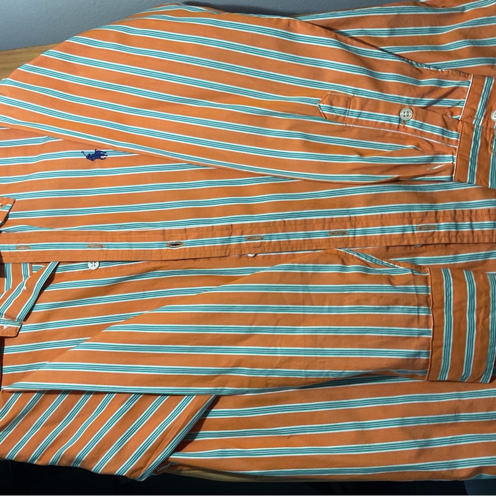 Ralph Lauren Orange Striped Button-Up Shirt with Blue Pony